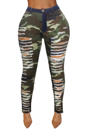 sexy plus size non-stretch camo printing ripped high waist slim trousers