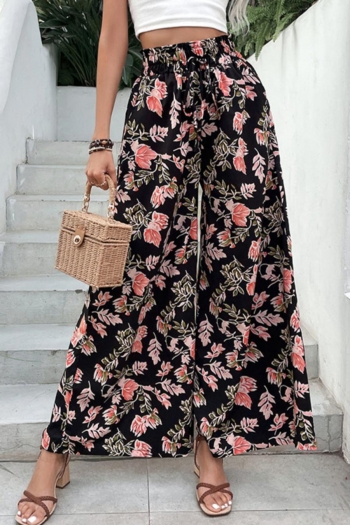 casual non-stretch flower batch printing pocket flared wide leg pants