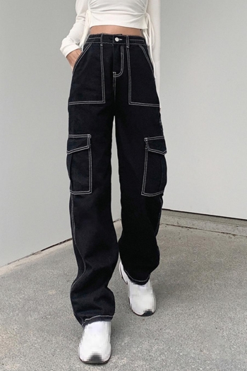 casual plus-size non-stretch denim pocket contrast color cargo pants