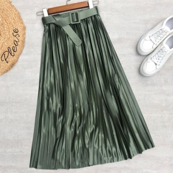 casual slight stretch solid color high-waist pleated midi skirt