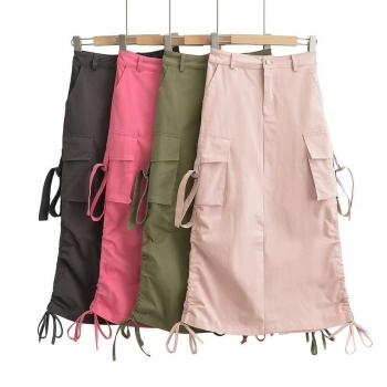 casual non-stretch solid pocket drawstring slit midi cargo skirt size run small