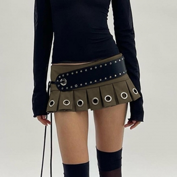 sexy street style non-stretch pleated eyelet belt mini skort