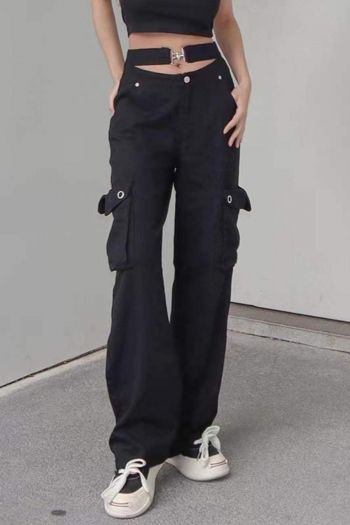 casual non-stretch metal buckle pocket hollow cargo denim trousers