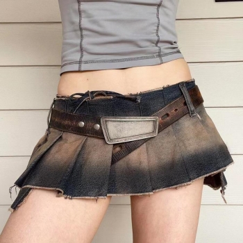 sexy non-stretch lace-up irregular pleated denim mini skirt(no belt)