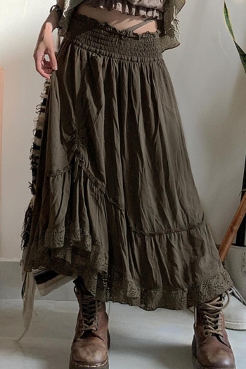 stylish slight stretch high waist drawstring lace patchwork pleated midi skirt