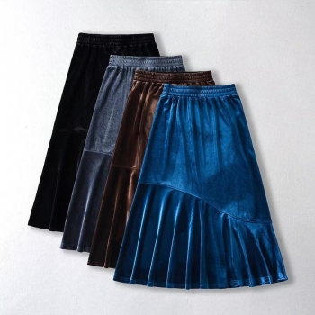 stylish slight stretch simple high waist solid color velvet midi skirt size run small