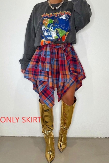 stylish plus size non-stretch plaid printing lace-up irregular midi skirt