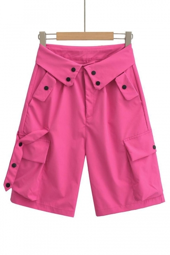 casual non-stretch solid color button high-waist cargo shorts(size run small)