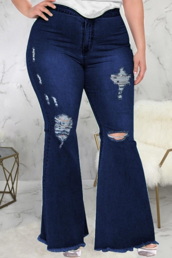 stylish xl-5xl plus size non-stretch ripped pocket denim flared trousers