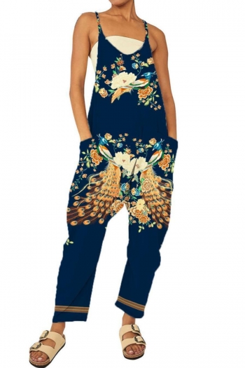 stylish plus size slight stretch peacock & flower printing pocket overalls