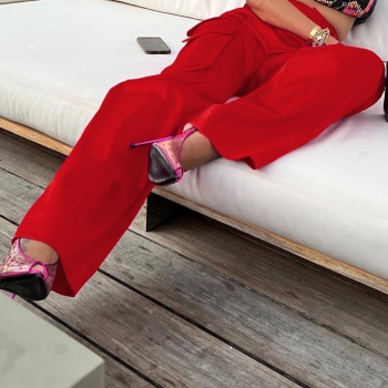 Casual plus-size slight stretch pocket loose zip-up pants