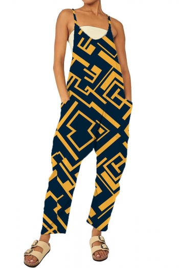 stylish plus size slight stretch geometric printing pocket overalls #1