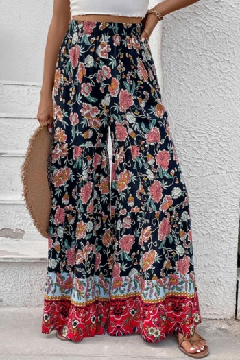 casual non-stretch flower batch printing loose flared wide leg pants