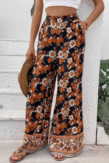 casual non-stretch flower batch printing pocket loose wide leg pants