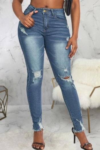 stylish plus size slight stretch ripped zip-up slim denim trousers
