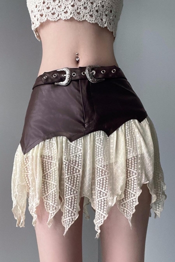 sexy stretch lace stitching leather irregular mini skirt
