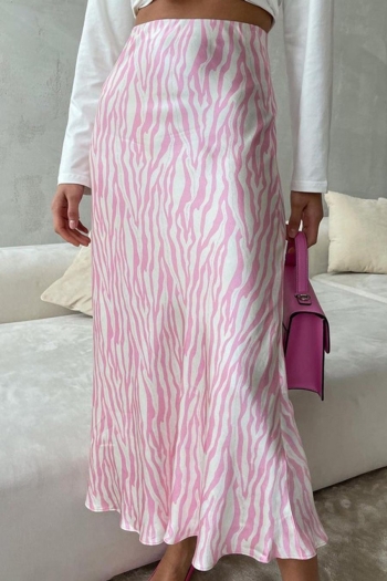 casual non-stretch zebra pattern high-waist zip-up midi skirt