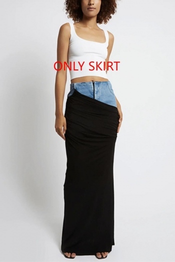 casual slight stretch denim stitching high-waist zip-up maxi skirt