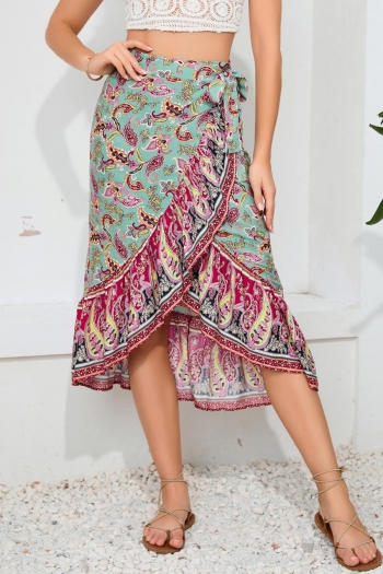 bohemian plus size non-stretch paisley graphic printing lace-up wrap midi skirt
