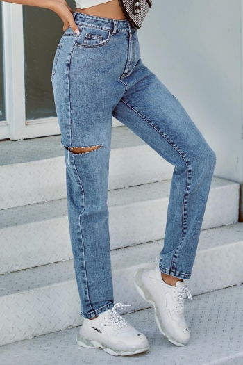 stylish non-stretch high waist pocket hole in the side all-match jeans