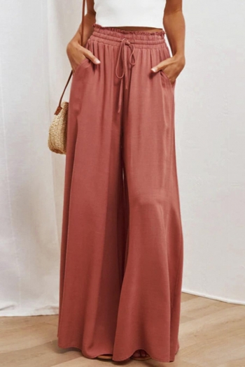 casual non-stretch solid color drawstring wide leg pants
