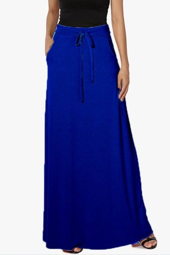 casual non-stretch solid color high-waist drawstring maxi skirt