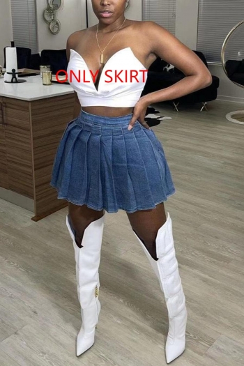 casual plus size slight stretch denim solid color high-waist pleated mini skirt