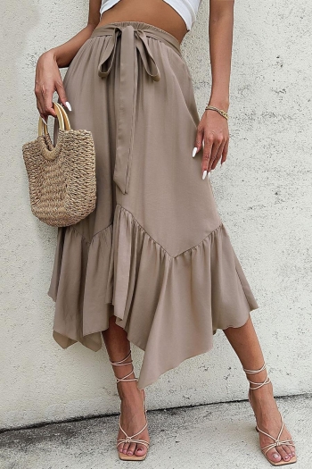 casual non-stretch solid color high waist irregular pleated midi skirt