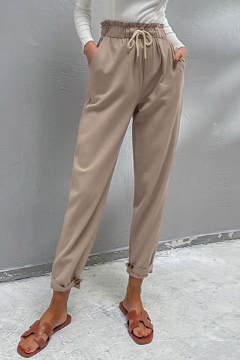 casual non-stretch solid color pocket drawstring high waist harem pants