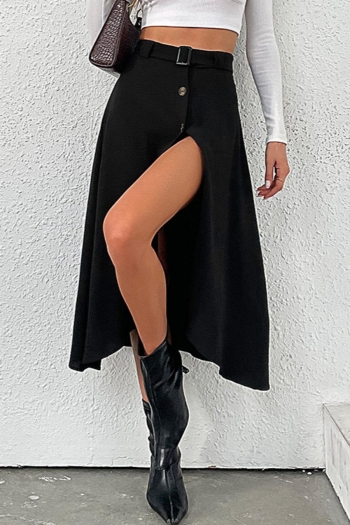 stylish non-stretch solid belt high waist single breasted midi skirt