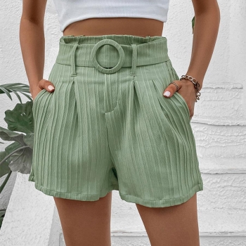 casual non-stretch solid color zip-up pocket belt pleated shorts