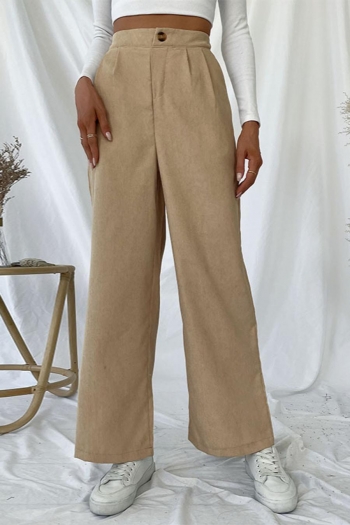 casual non-stretch solid corduroy zip-up pocket high waist wide leg pants
