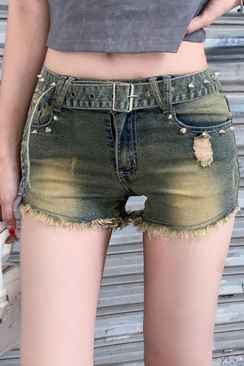 sexy non-stretch punk zip-up rivet belt hole low waist denim shorts