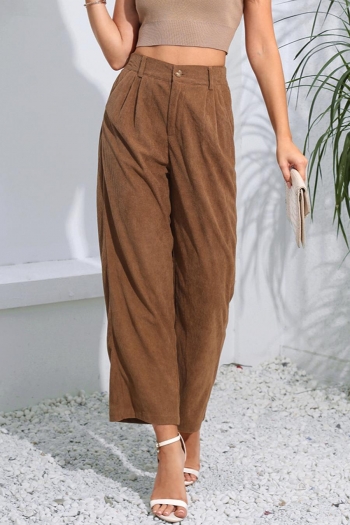 casual non-stretch solid color corduroy high-waist pants