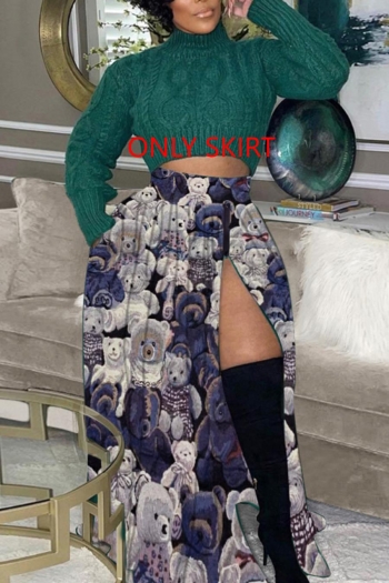 sexy plus-size non-stretch bear batch printing high slit maxi skirt