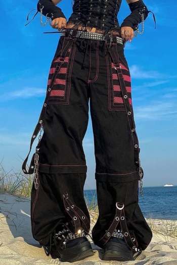 stylish non-stretch striped mesh patchwork pocket metal chain pants