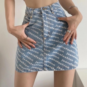 sexy non-stretch high waist letter print denim skirt(size run small)