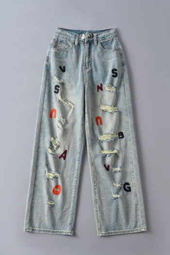 stylish non-stretch letter print hole high waist straight jeans size run small