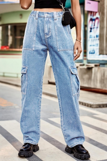 casual retro plus-size non-stretch denim pocket washed cargo pants