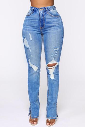 casual plus size slight stretch denim hole high-waist slit jeans