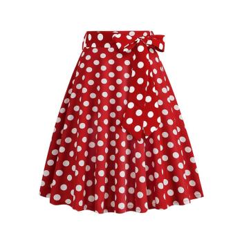 stylish plus size non-stretch polka dot printing belt zip-up midi skirt