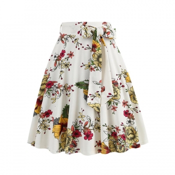 stylish plus size non-stretch flower printing belt zip-up midi skirt