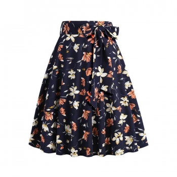 stylish plus size non-stretch flower batch printing belt zip-up midi skirt
