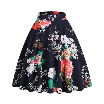 stylish plus size non-stretch zip-up flower batch printing midi skirt