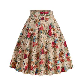 stylish plus size non-stretch zip-up flower batch printing midi skirt#1