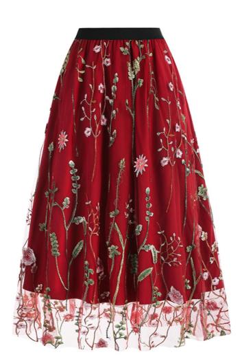 stylish plus size non-stretch mesh embroidery flowers midi skirt