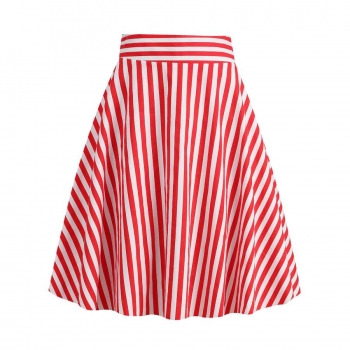 casual plus size non-stretch striped printing high waist zip-up midi skirt