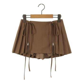 stylish slight stretch zip-up lace-up mini skirt with lined(size run small)