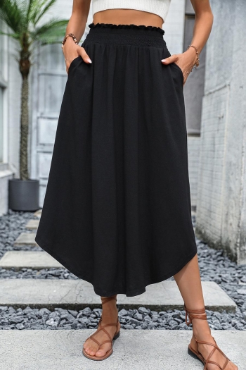 casual non-stretch solid color high waist pocket midi skirt