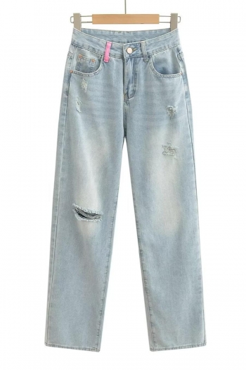 stylish plus size non-stretch hole high waist straight-leg jeans size run small